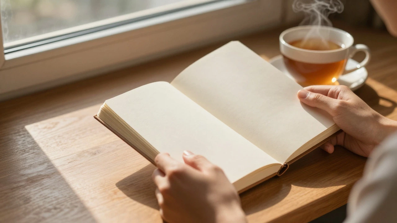 Hands holding a journal on a sunlit desk next to a cup of tea