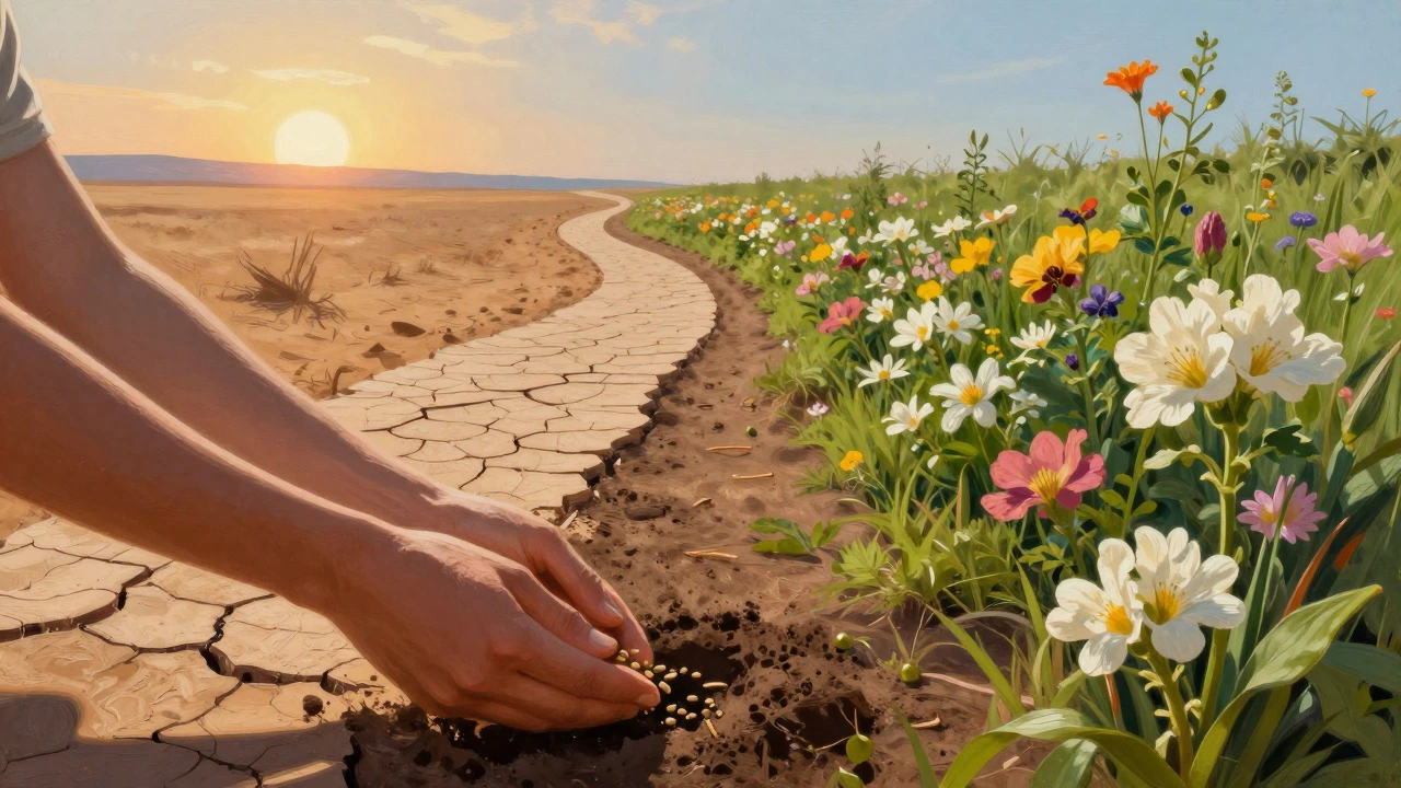 Hands planting seeds on a path transforming from desert to garden.