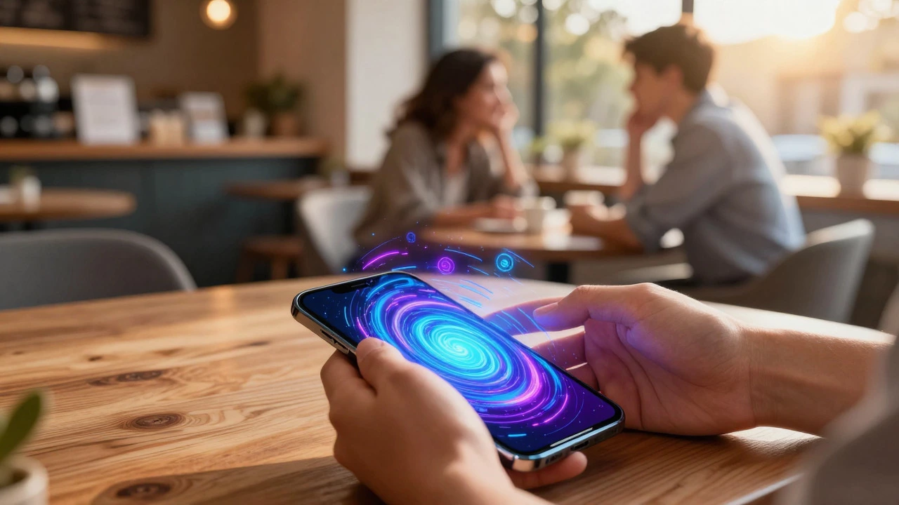 Hands putting down a glitching phone while people connect in warm light