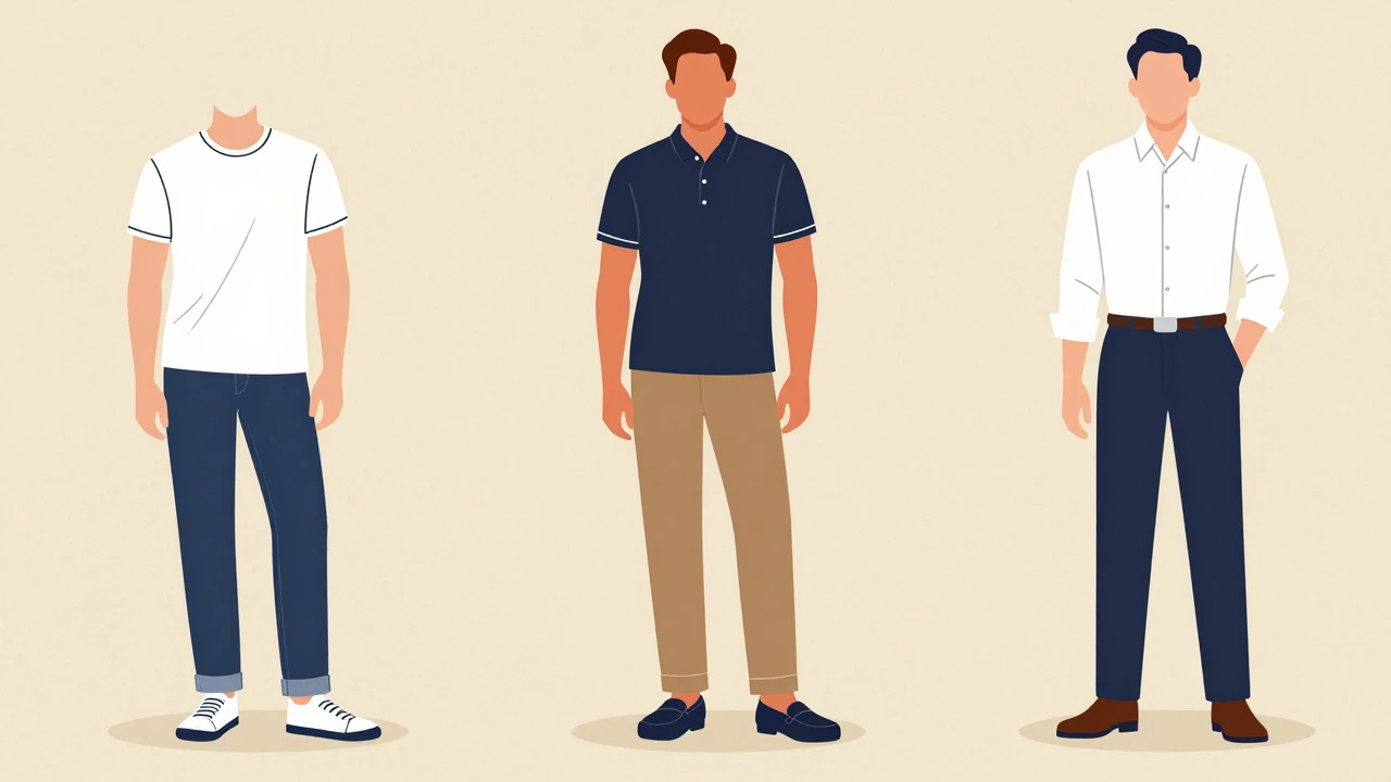 Illustration showing three male silhouettes representing different levels of casual dress