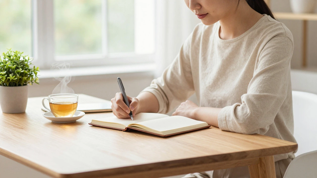Individual writing in a journal at a bright, minimalist desk
