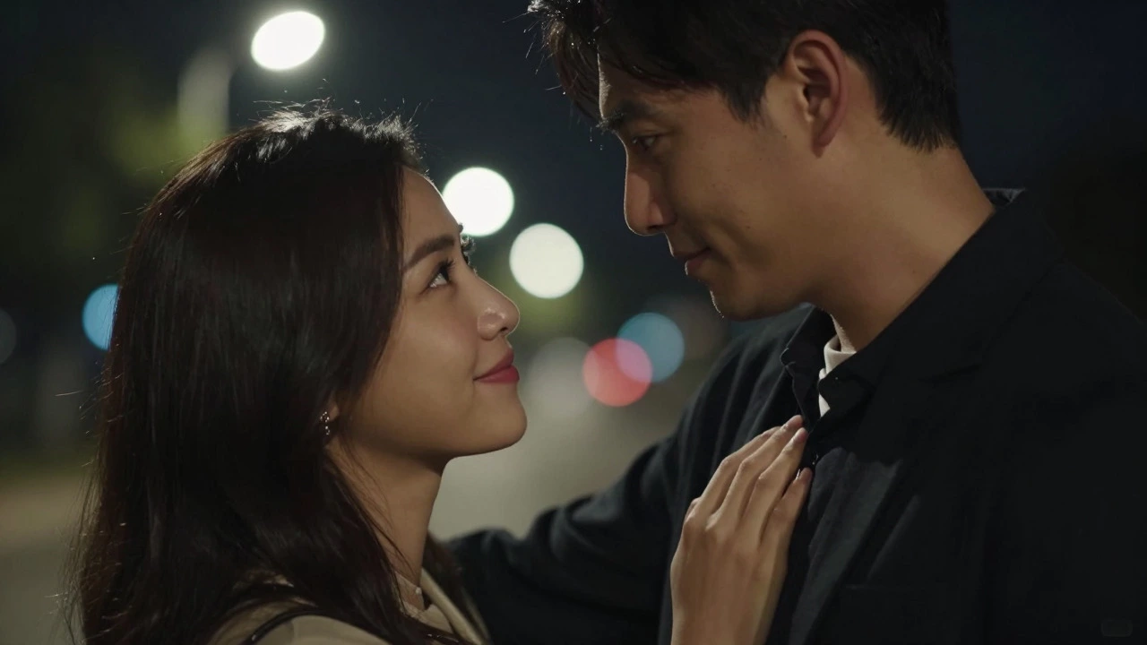 Man leaning in to ask for consent before kissing, woman smiling warmly.