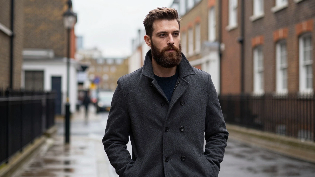 Man with a healthy beard walking in a city street