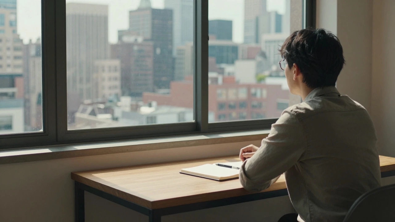 Person at a desk looking out a city window, representing strategic focus and abundance mindset
