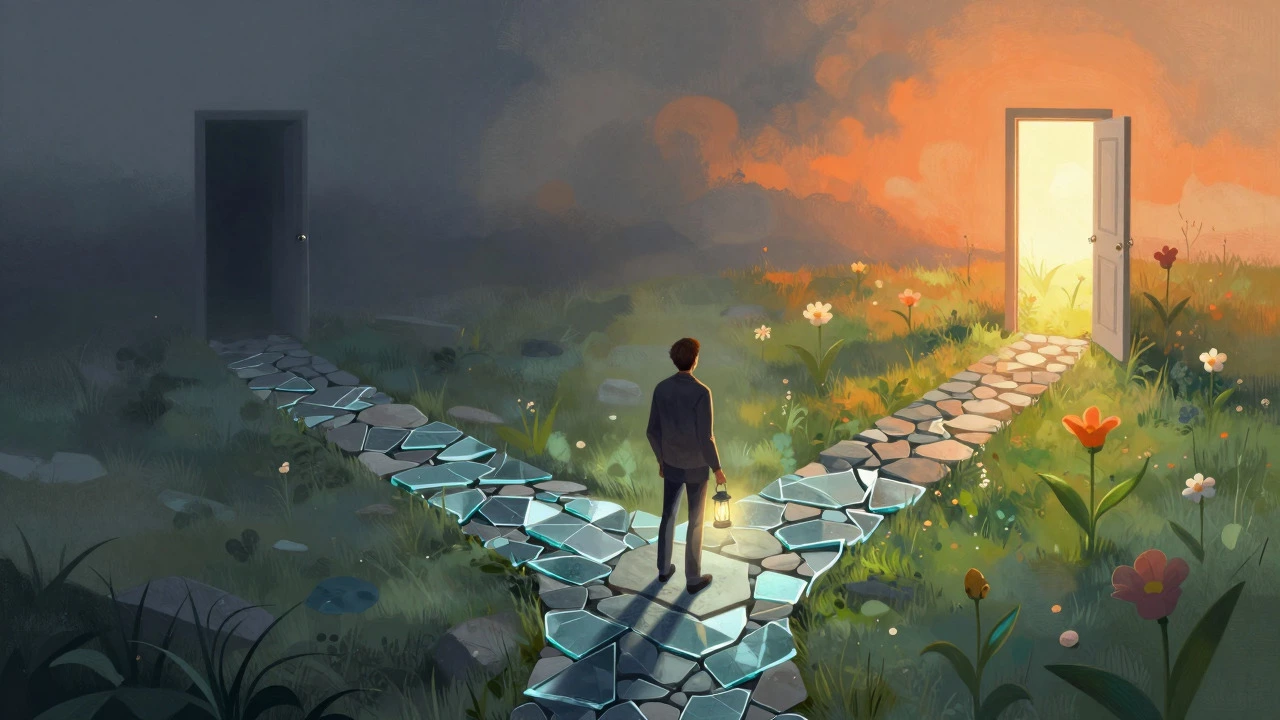 Person choosing a sunlit path over a dark abyss in a conceptual landscape