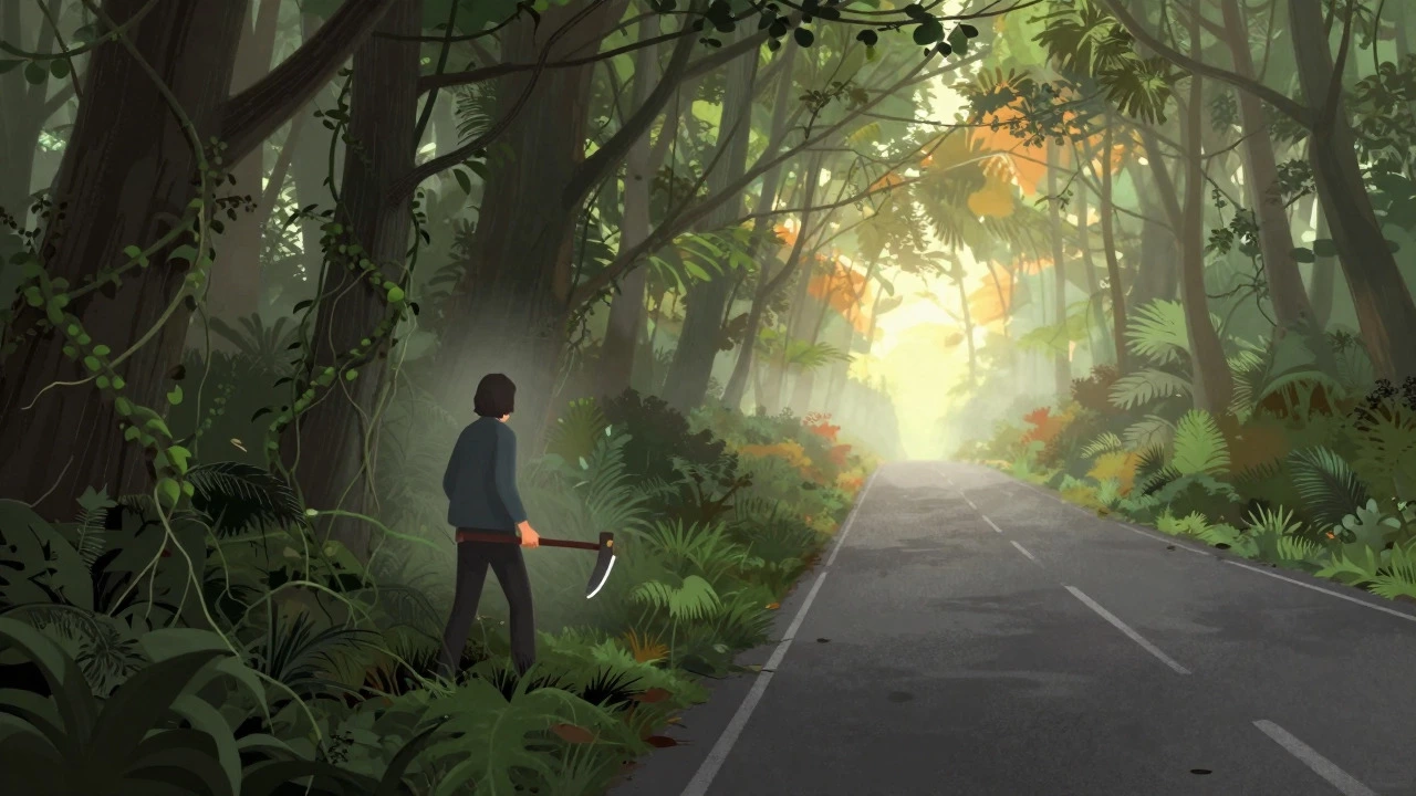 Person clearing a path through a foggy forest towards a sunny road