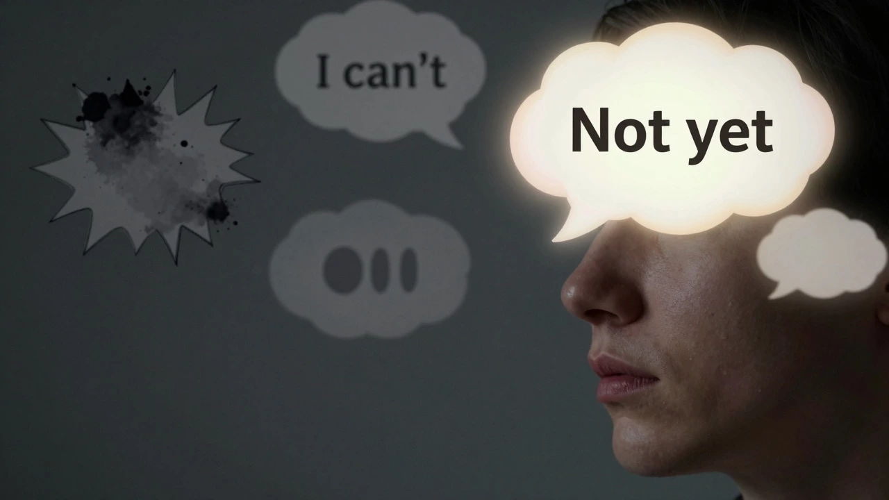 Portrait with abstract speech bubbles showing negative vs positive thoughts.