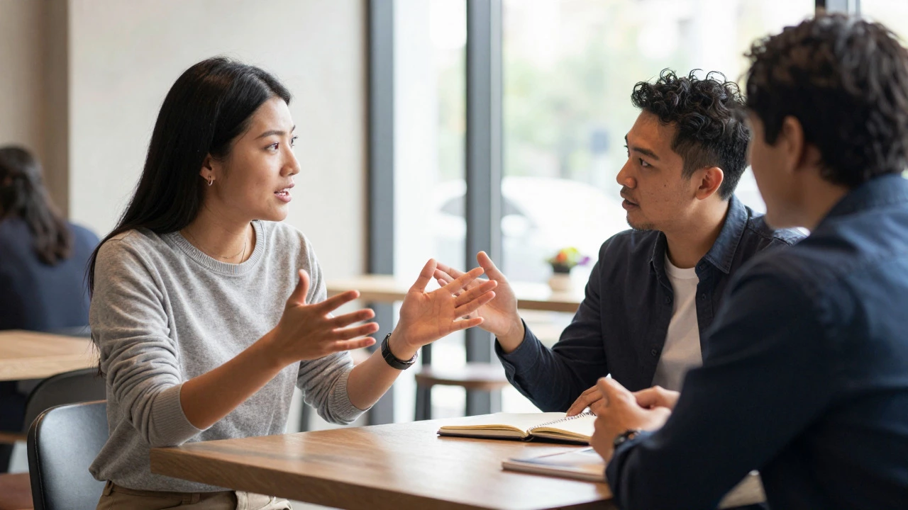 Two colleagues discussing ideas collaboratively in a bright cafe