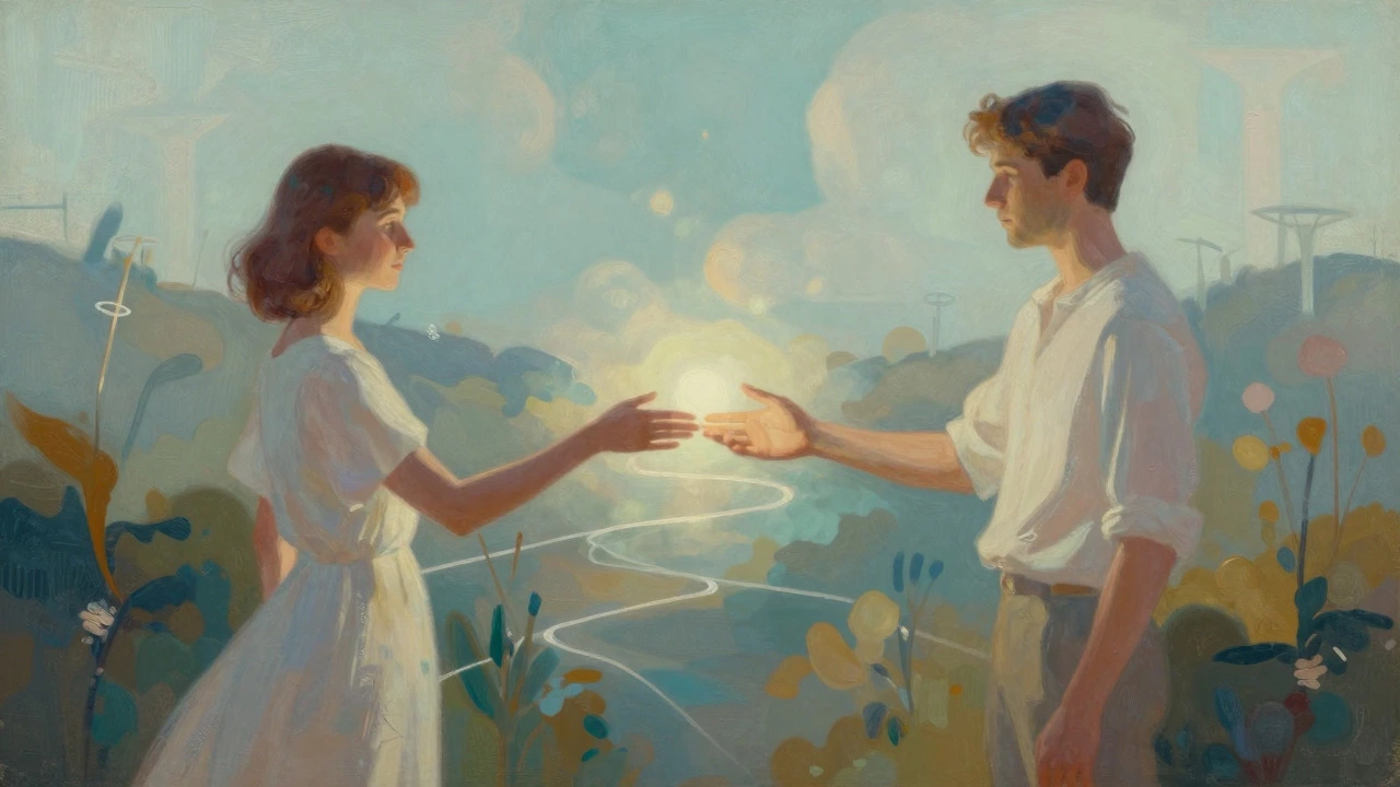 Two people connecting via a glowing light bridge in a serene landscape