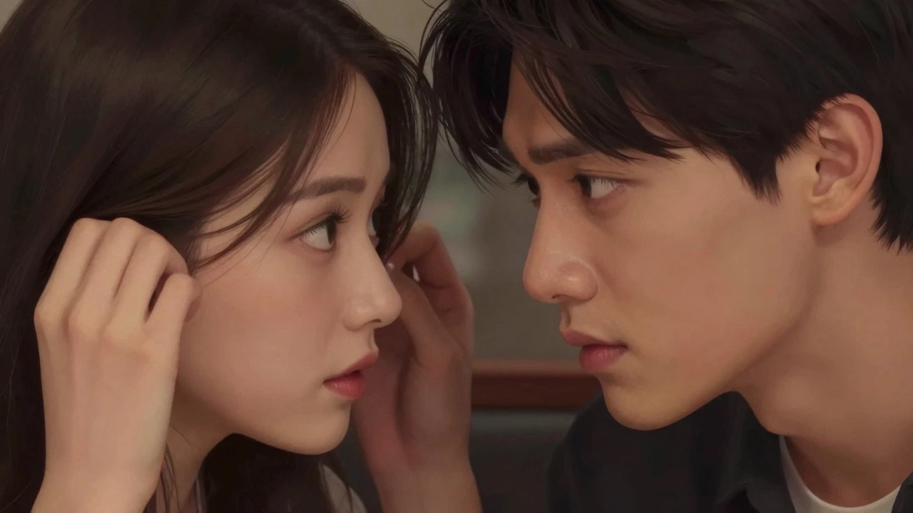 Woman fixing hair while making eye contact, signaling romantic interest