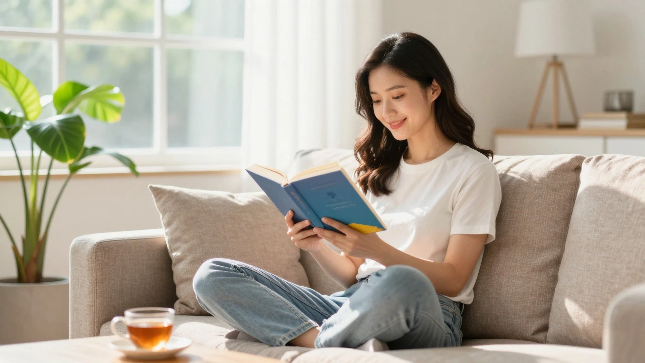 Woman reading a novel on a sofa, enjoying leisure time without pressure or productivity goals