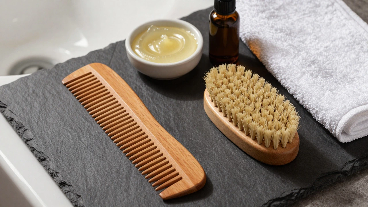 Wooden comb and boar bristle brush on a slate surface
