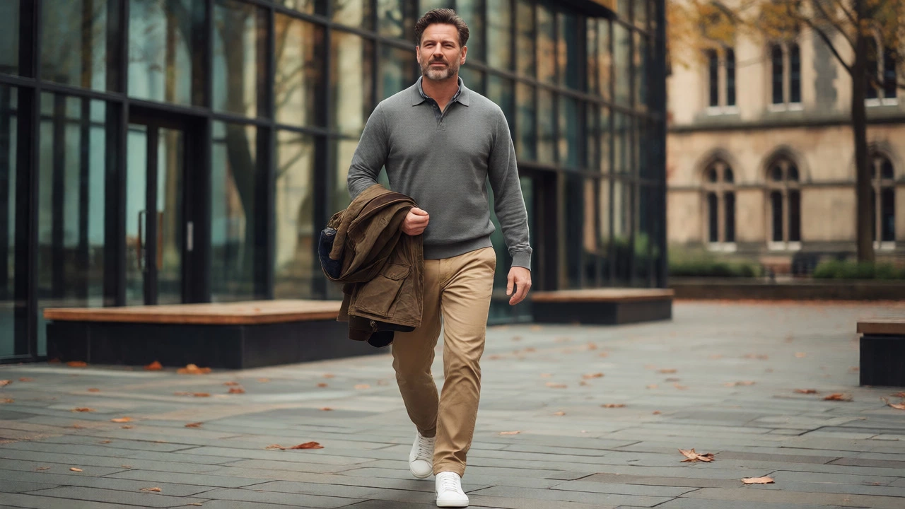 A man in smart casual clothes walking through an autumn park with a field jacket.