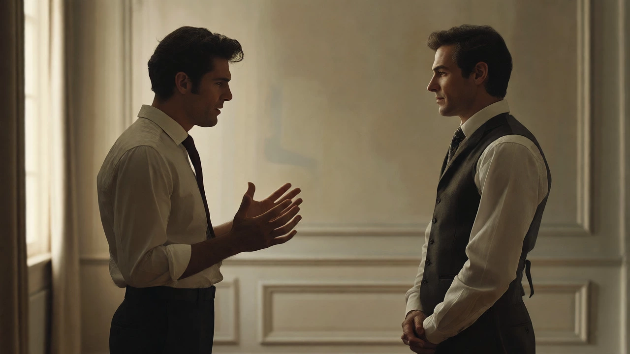 Calm gentleman responding gracefully to an agitated counterpart