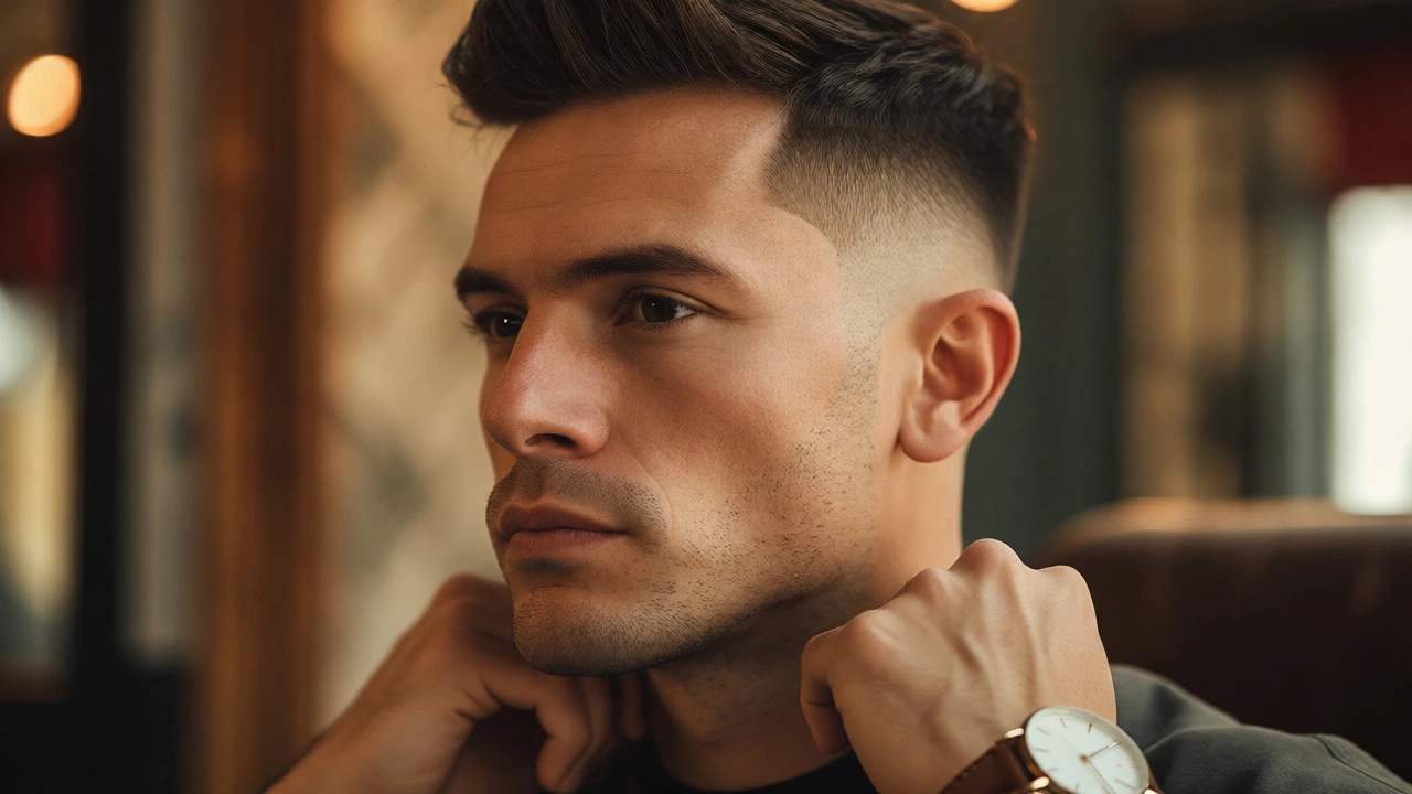 Close-up of a man's neat haircut and groomed beard with a leather-strap watch.
