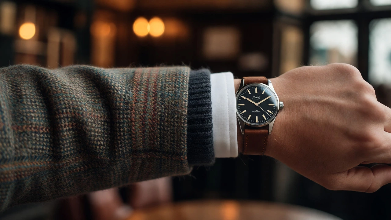 Close-up of a man's wrist showing a watch and layered tweed blazer over a shirt cuff.