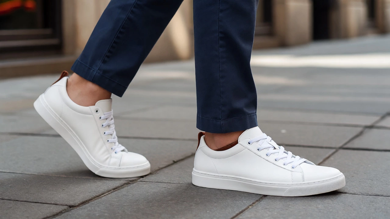 Close-up of white sneakers and navy chinos with a clean ankle break on a city street.
