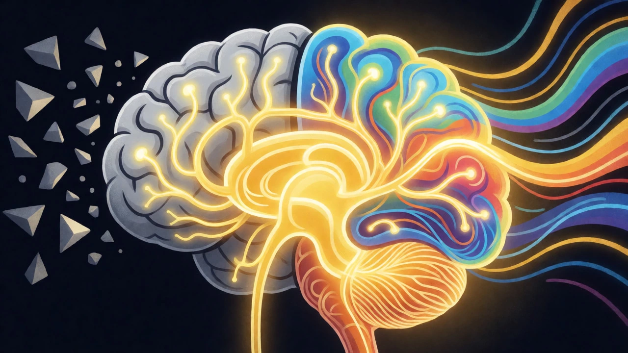 Conceptual art showing brain neural pathways shifting from rigid to flexible