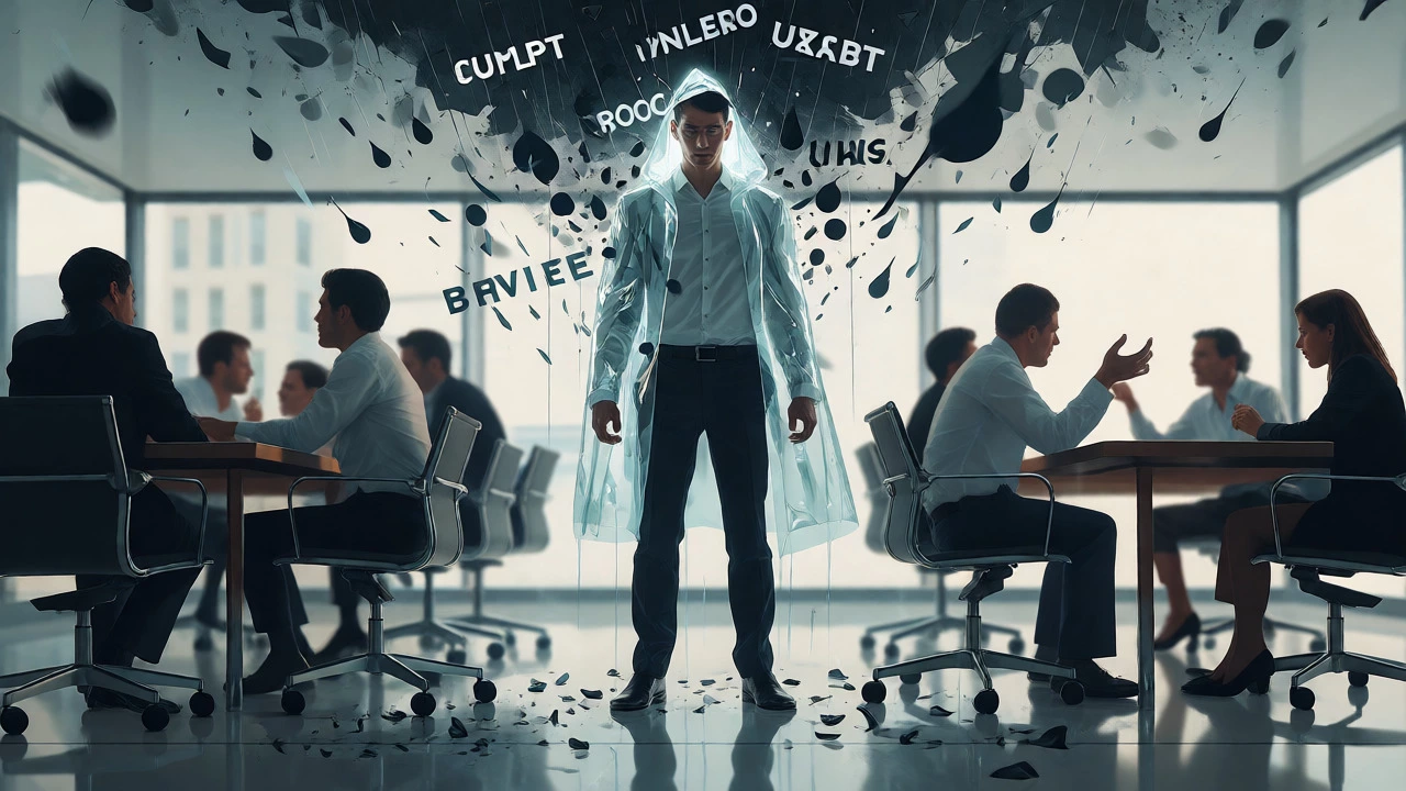 Conceptual image of a worker protected by an invisible barrier from negative comments in a meeting.