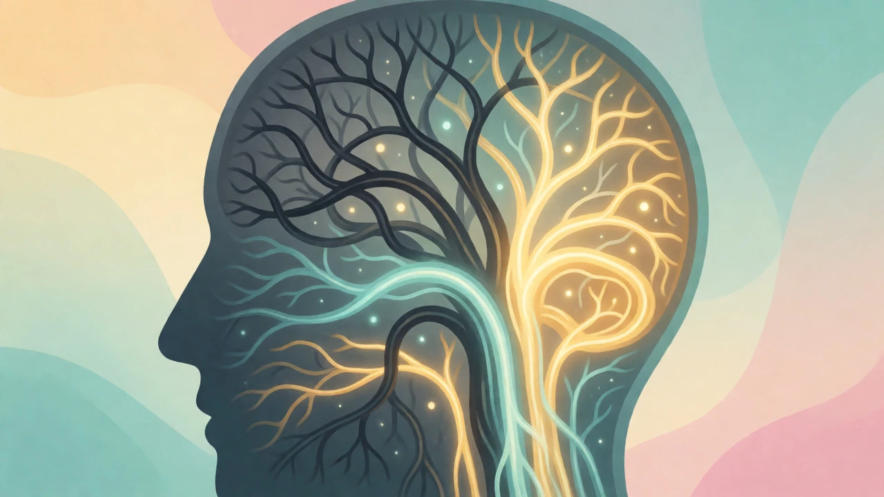 Conceptual visualization of neural pathways changing to form positive habits.
