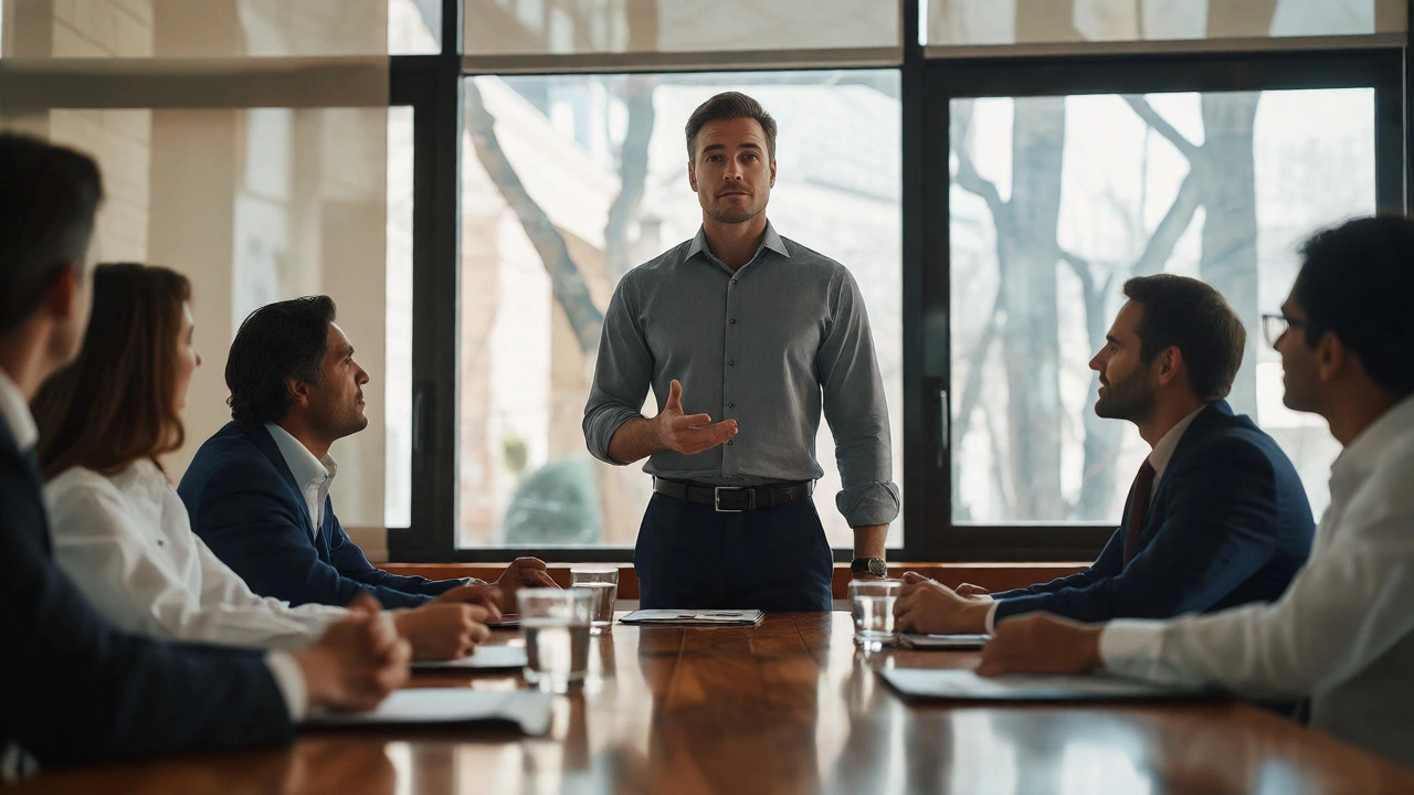 Confident businessman speaking clearly during a professional team meeting