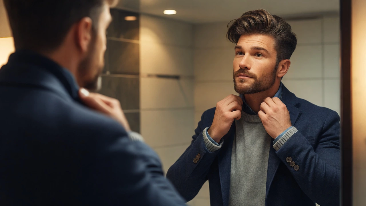 Groomed man adjusting his layered sweater and blazer while looking in a mirror.