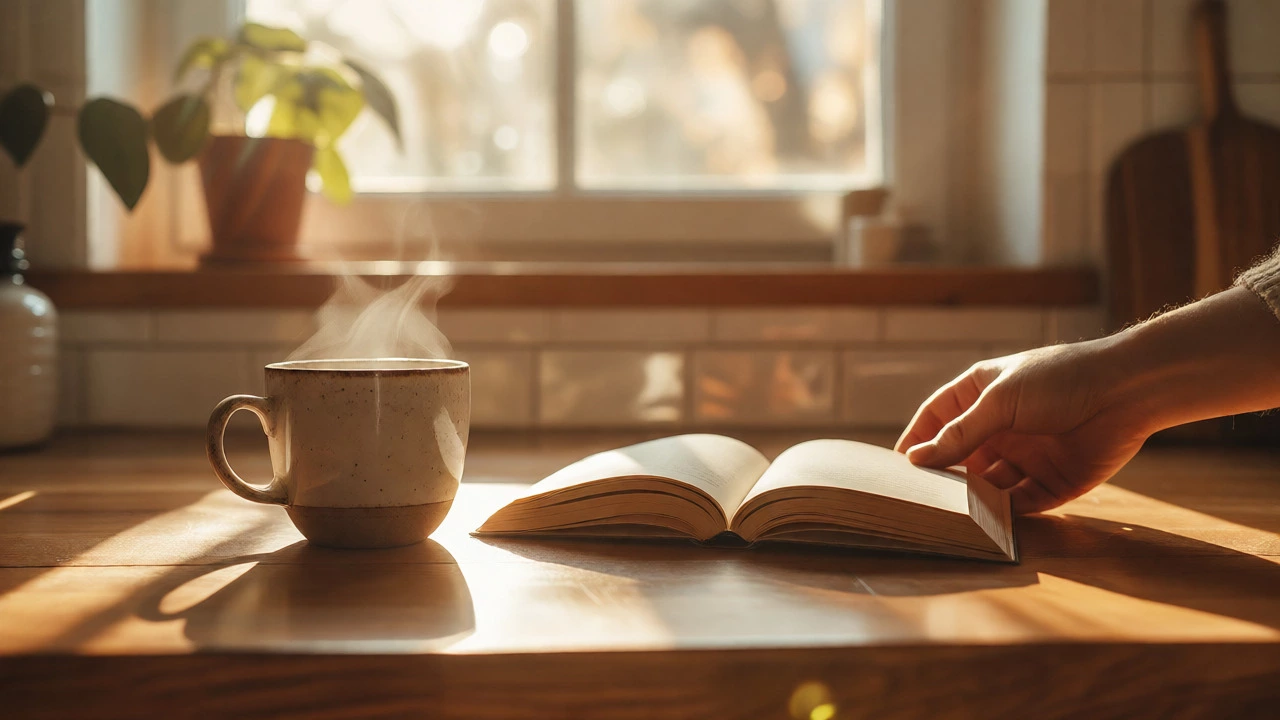 Hand picking up a book next to a steaming coffee cup on a sunlit kitchen counter