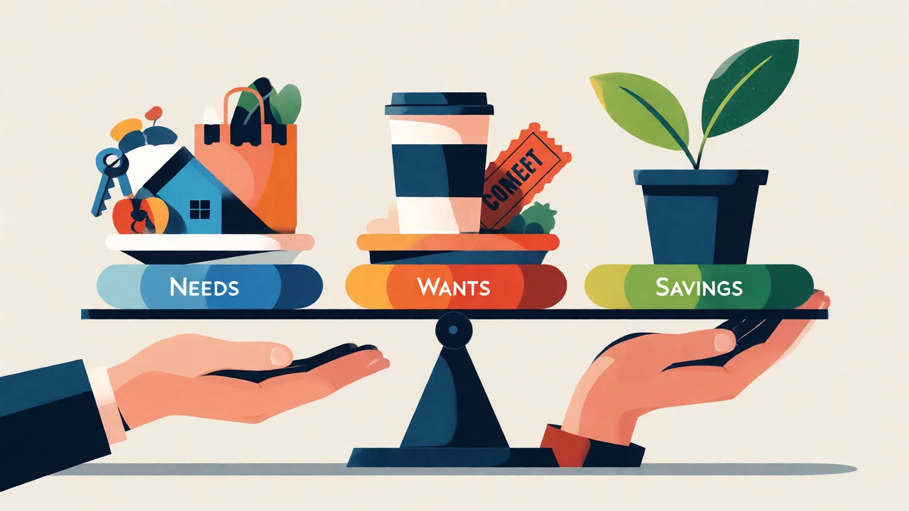 Hands balancing needs, wants, and savings on a scale