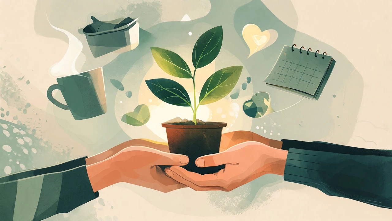 Hands nurturing a glowing plant symbolizing relationship care
