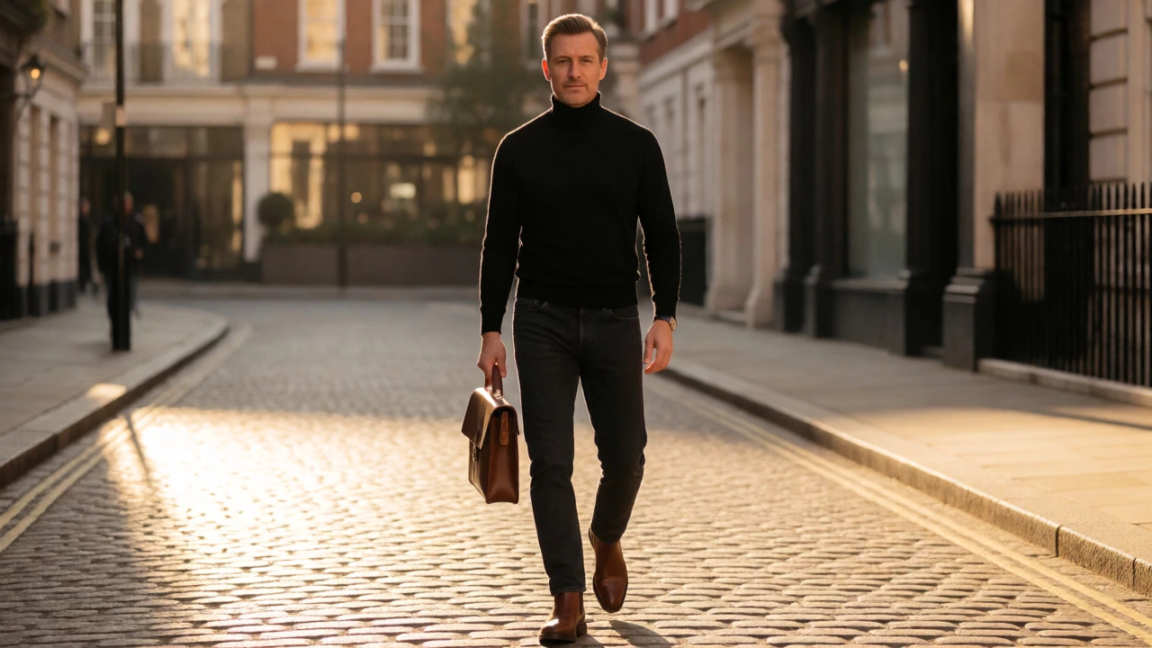 Man in dark jeans and Chelsea boots walking on a London street