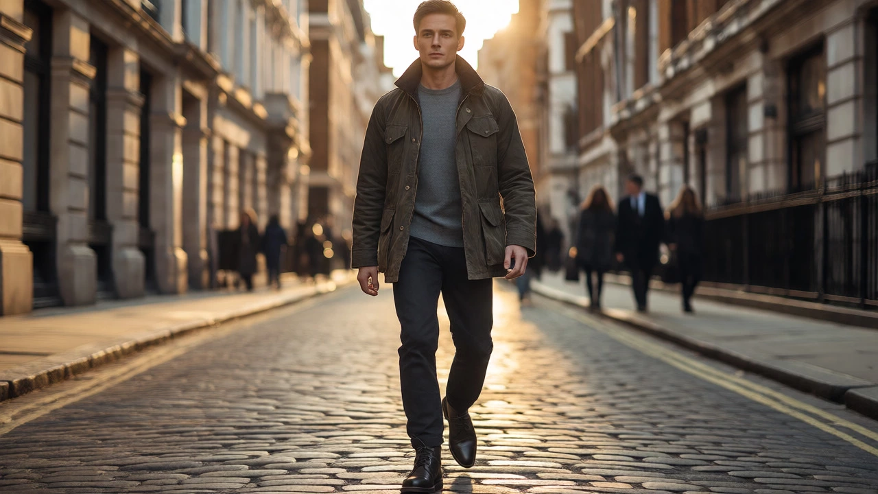 Man in olive field jacket and leather boots walking down a London street.