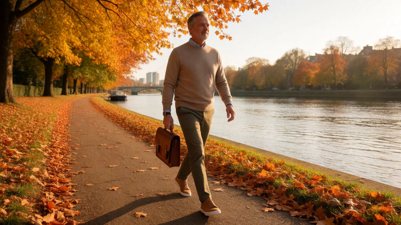 Mature man in smart-casual attire walking along an autumnal riverside path