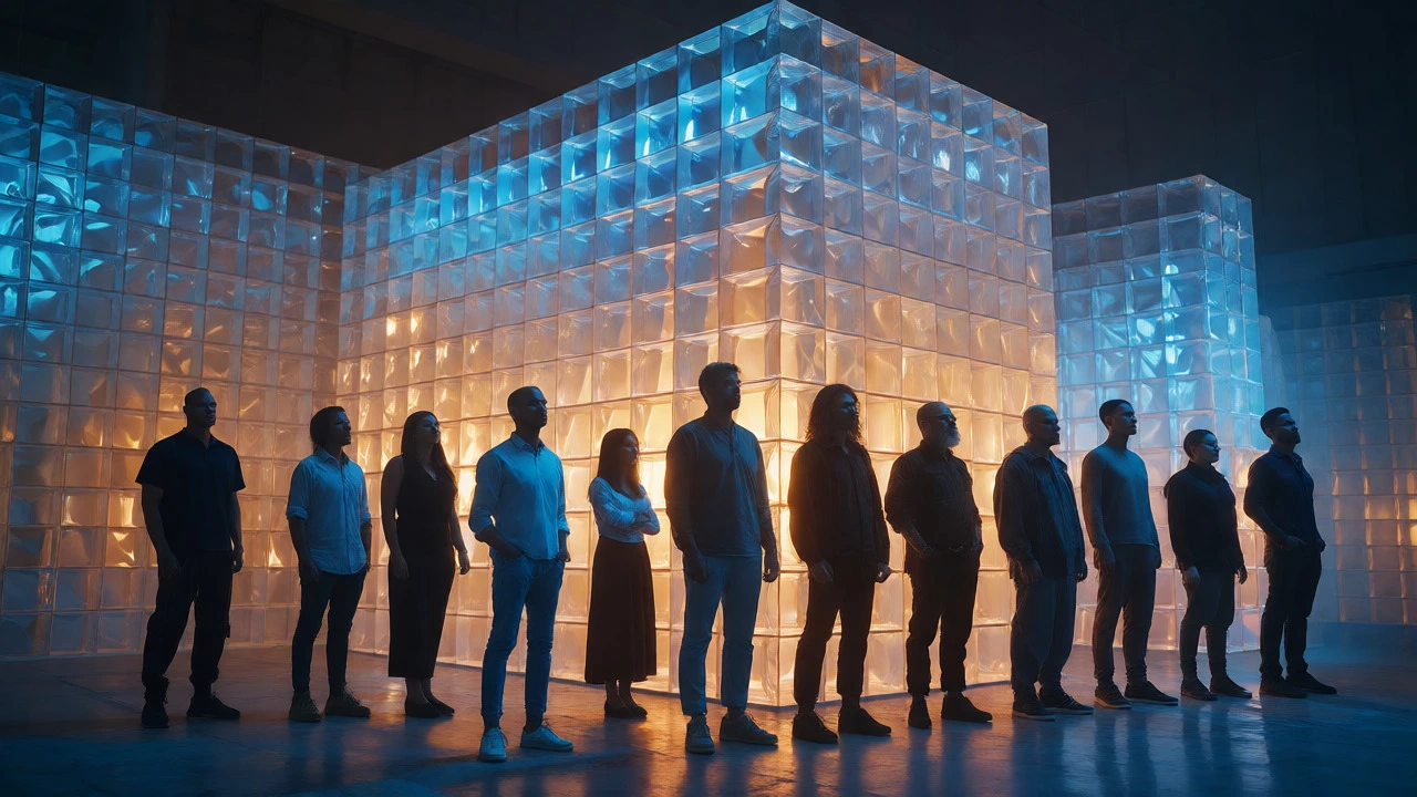 People standing confidently before a glass fortress