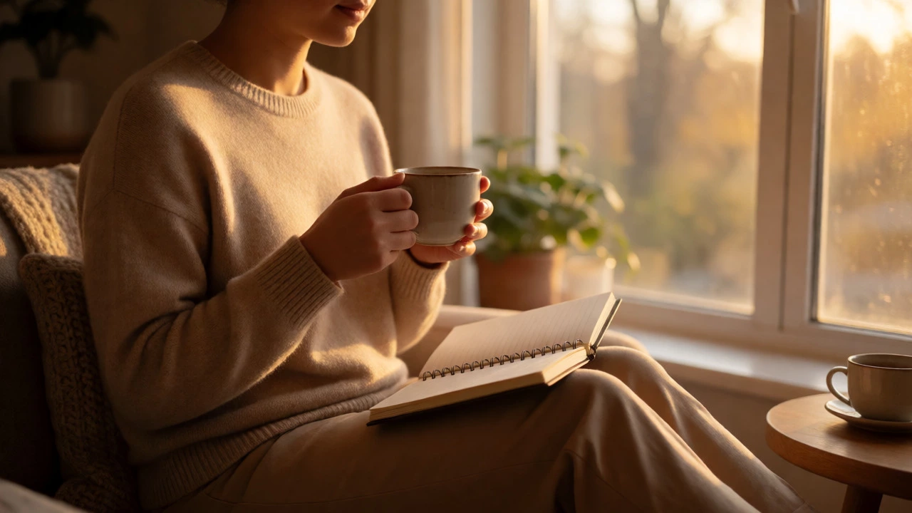 Person calmly reflecting with coffee and a notebook in a cozy setting.