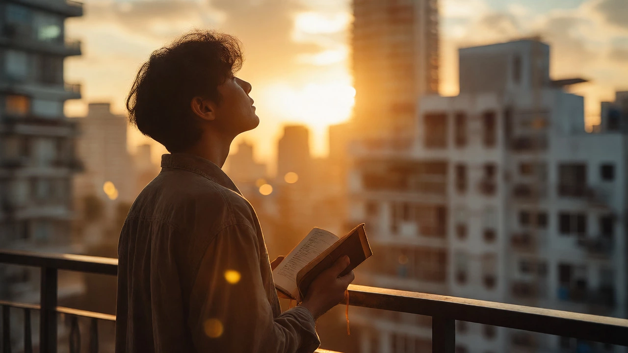 Person reflecting on a balcony at sunrise, holding a journal