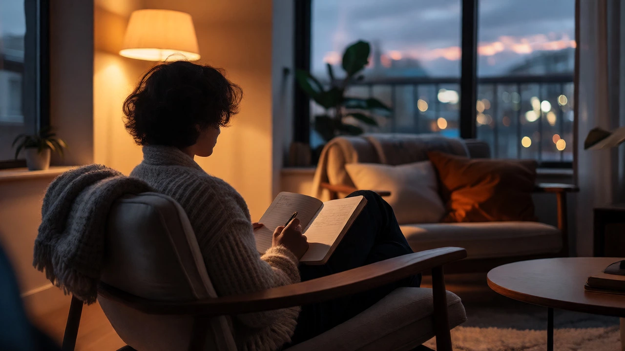 Person reflecting on goals in a cozy evening setting