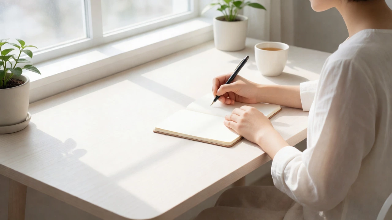 Person writing in a notebook by a sunny window practicing daily reflection