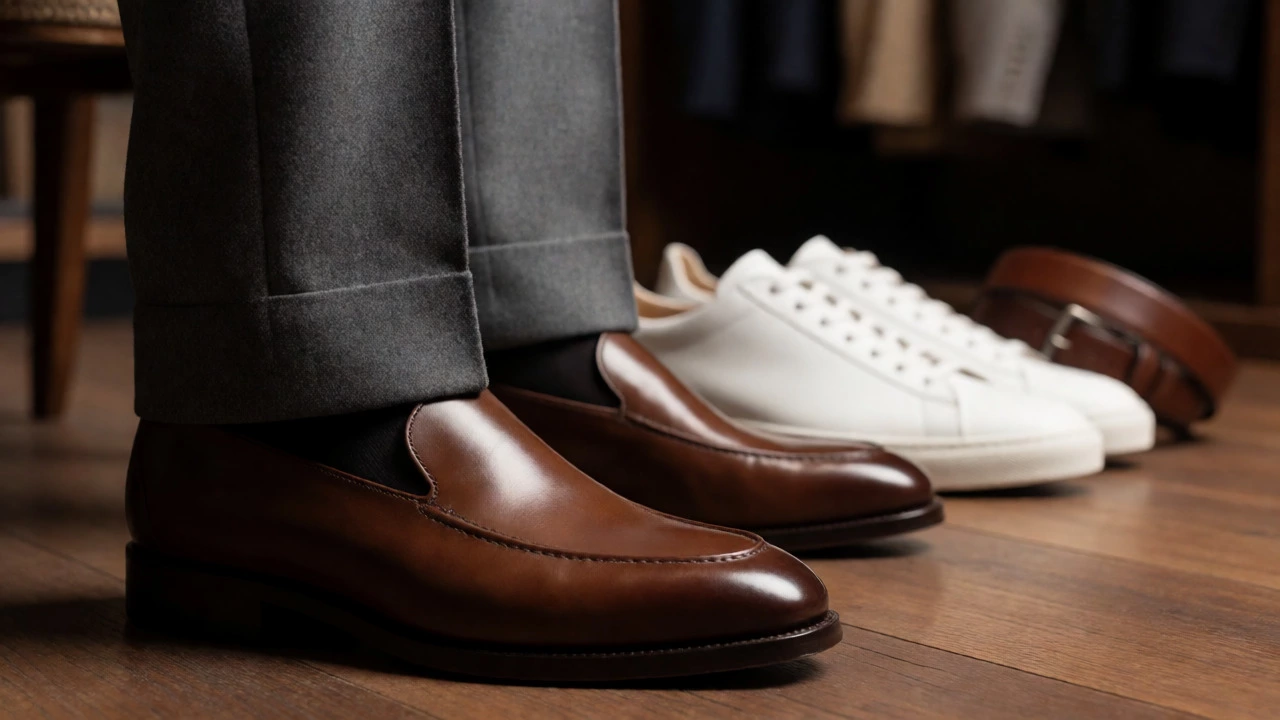 Polished brown loafers and grey wool trousers breaking perfectly at the ankle