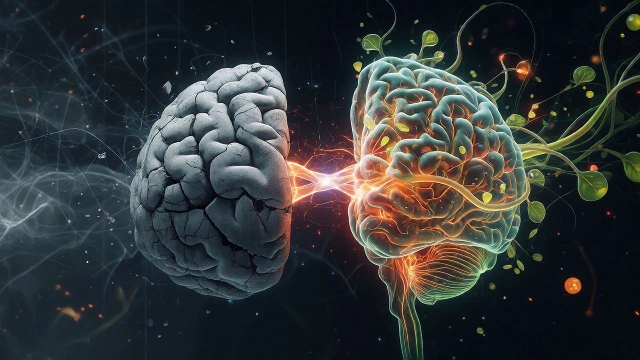 Split brain concept showing rigid stone versus growing organic neural networks.