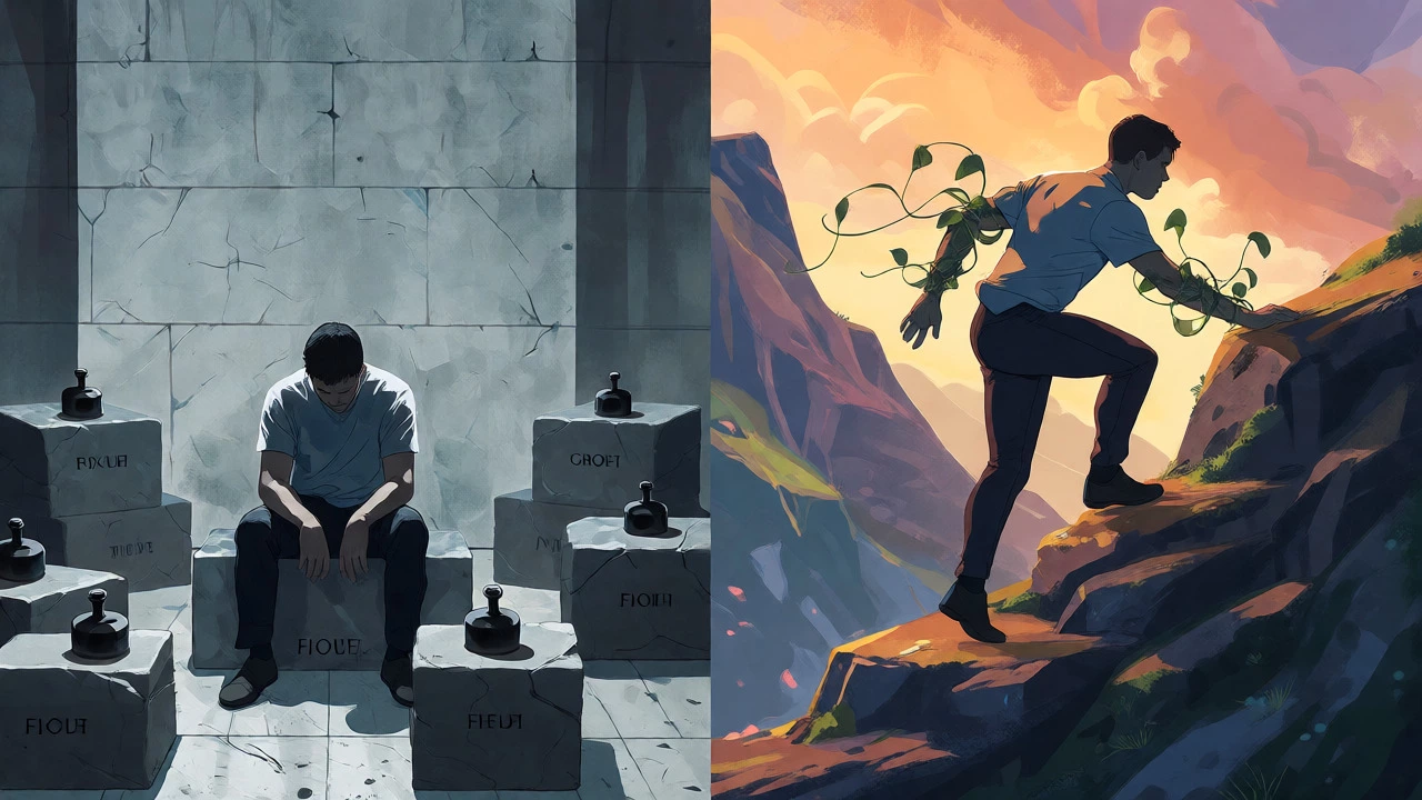 Split image showing static grey figure versus dynamic climber symbolizing fixed and growth mindsets