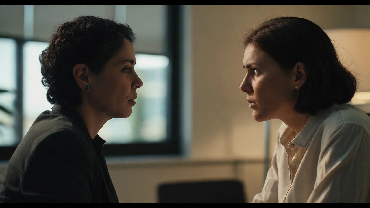Two colleagues engage in a serious, private conversation in a quiet office corner, showing assertiveness.