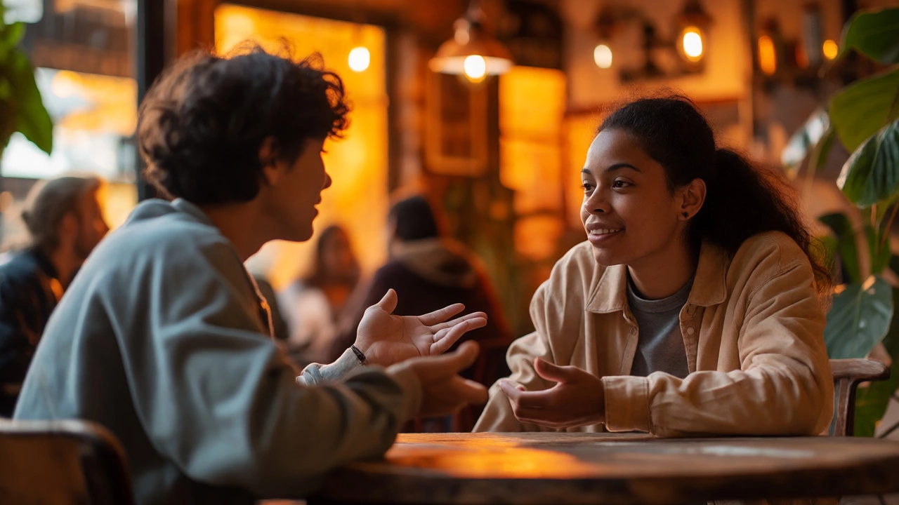 Two friends having an encouraging conversation at a warm, rustic cafe table
