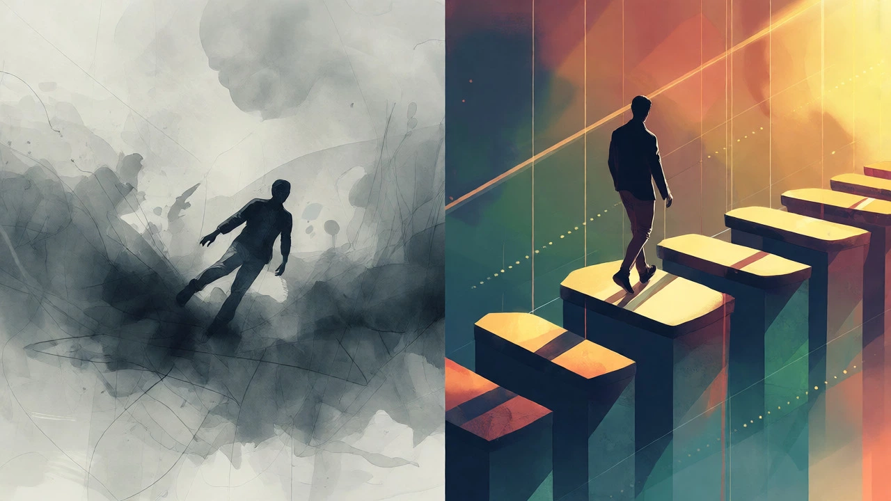Visual metaphor contrasting chaotic drifting with structured progress paths