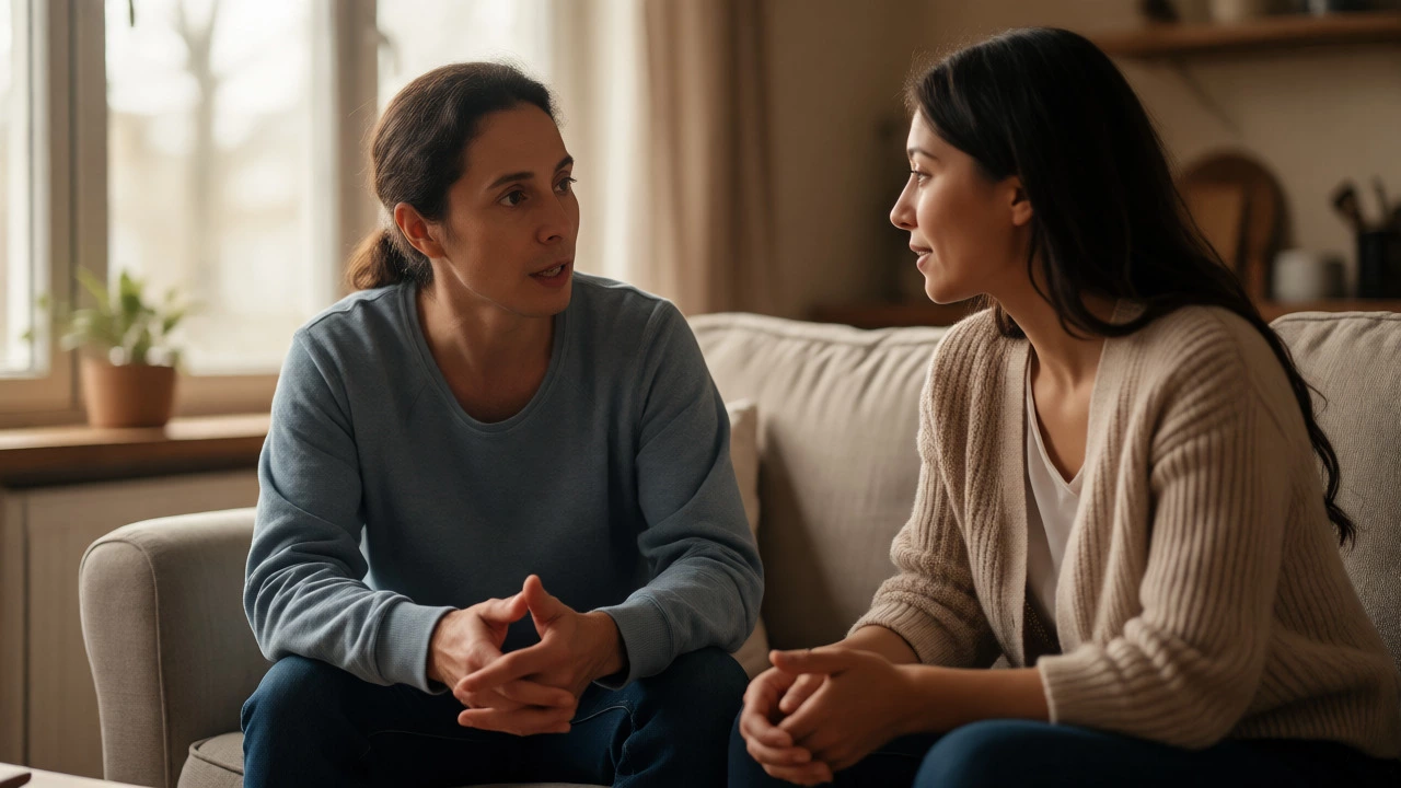 A couple sitting on a sofa, engaging in calm, attentive conversation with open body language.