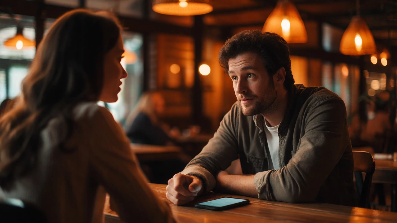 A man listens attentively to a woman at dinner, phone face-down on the table.