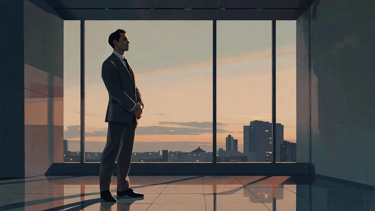 A well-dressed man stands calmly by a window at dusk, exuding quiet confidence.