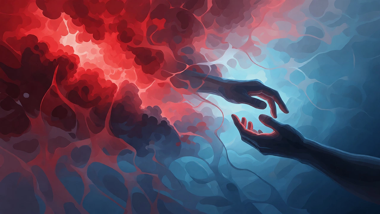 Abstract art contrasting a chaotic red storm of conflict with a calm blue underwater connection.