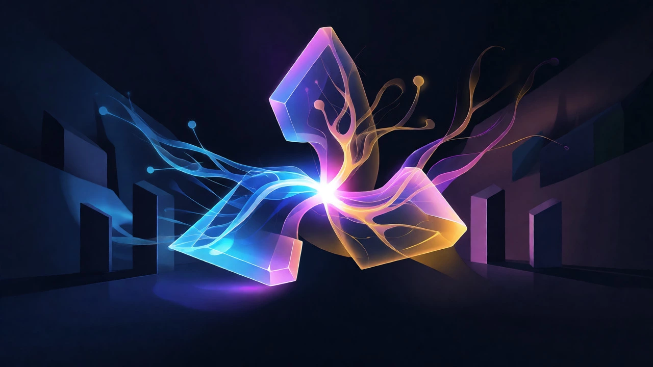 Abstract glowing shapes representing resilience, creativity, and initiative