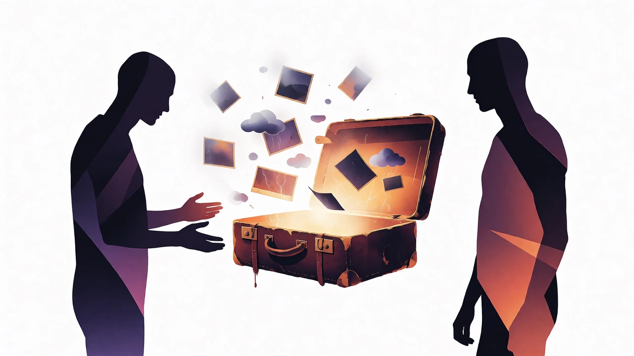 Abstract silhouettes unpacking glowing emotional baggage