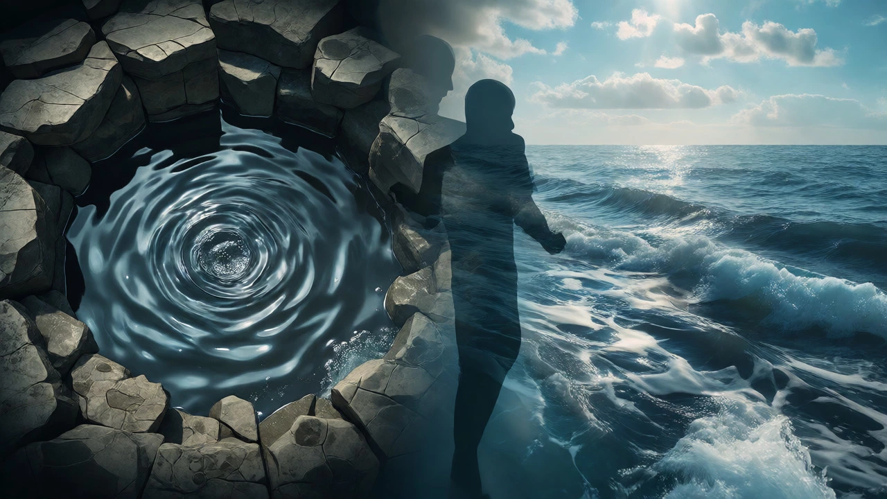 Abstract visualization comparing a confined, dark pool of water with a vast, open ocean to represent scarcity vs abundance.